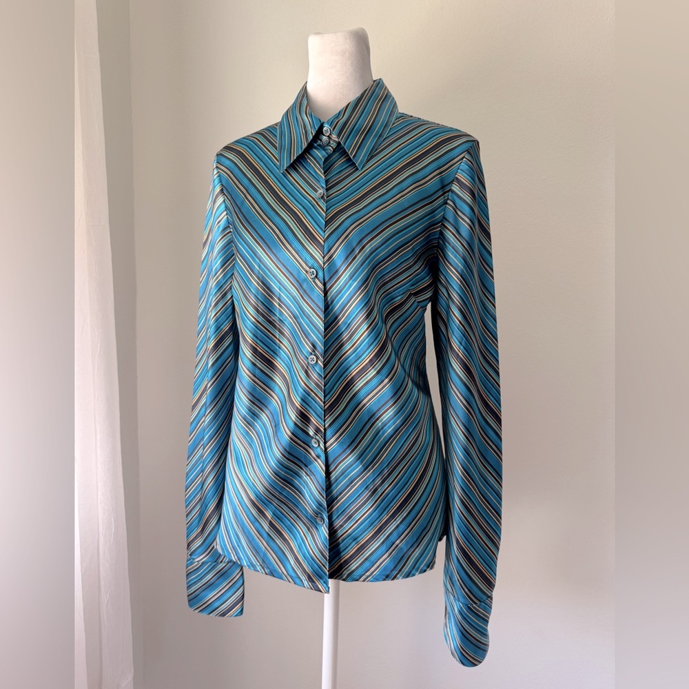 Vintage ‘01 Old Navy Blue & Brown Striped Collared Long Sleeve Button Down Shirt